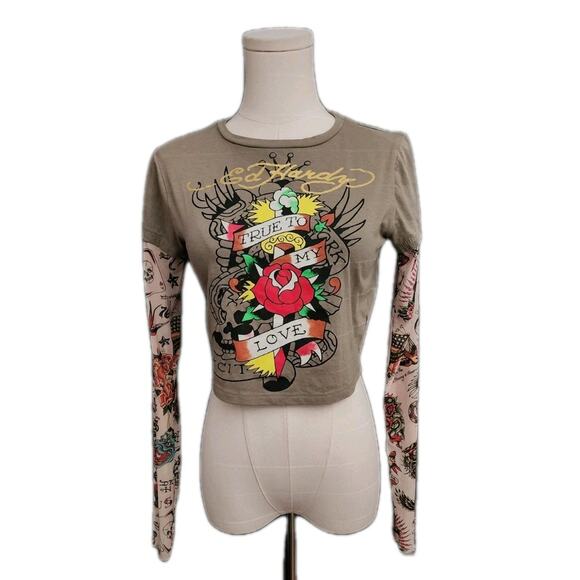 Ed Hardy Tops - Ed Hardy Women True To My Love Cropped T Shirt With Mesh Tattoo Sleeves Medium